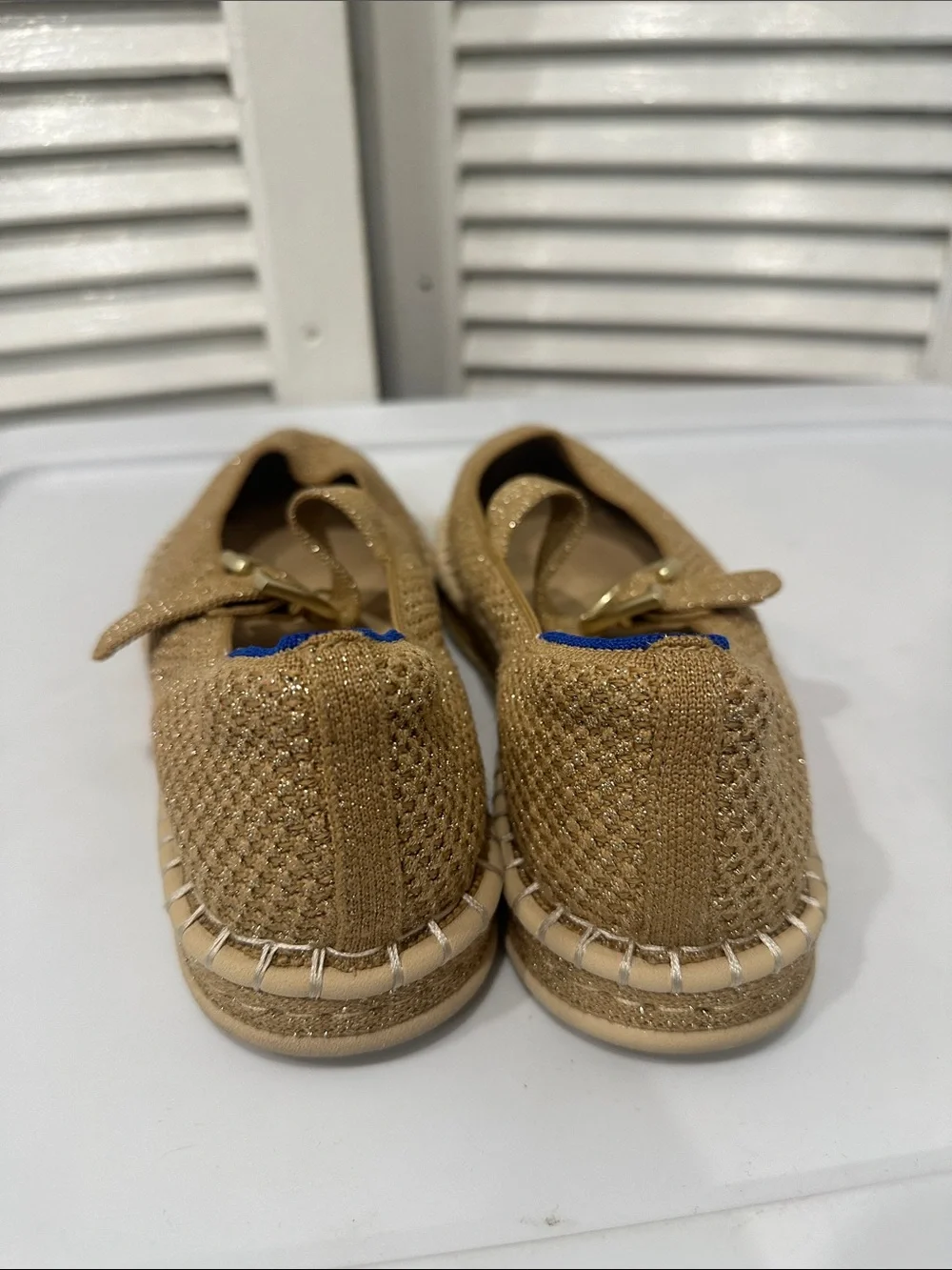 Rothy's The Espadrille Mary Jane wren beige gold Women 9.5 comfort